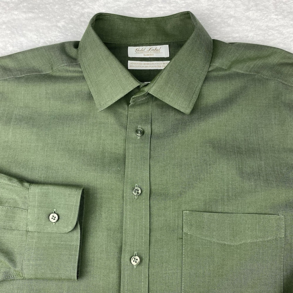 Roundtree & Yorke Gold Label Dress Shirt Mens 17-34 Green No Iron Twill